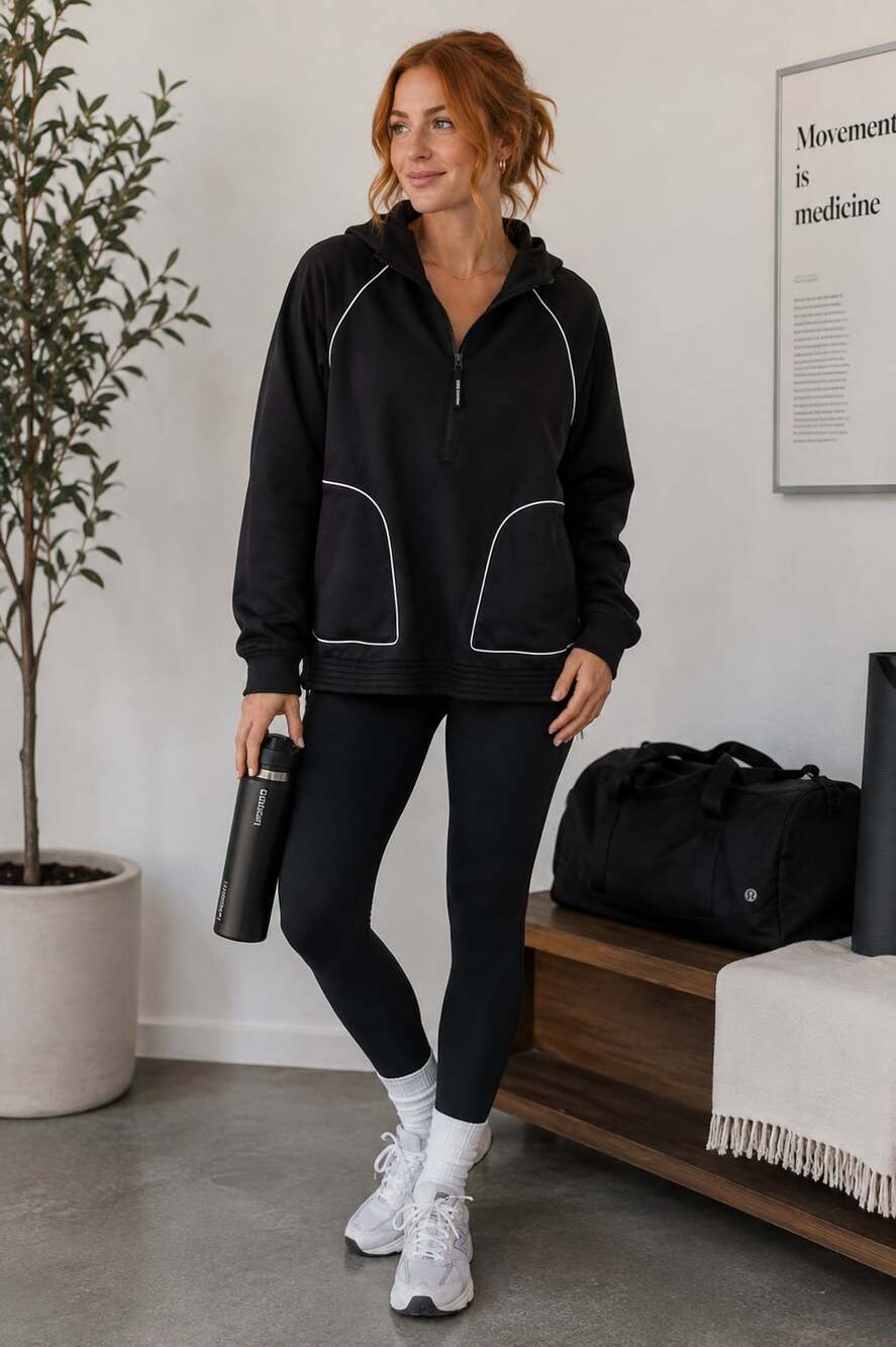 Good American Performance Oversized Quarter Zip Hoodie Black White Piping‎ XS